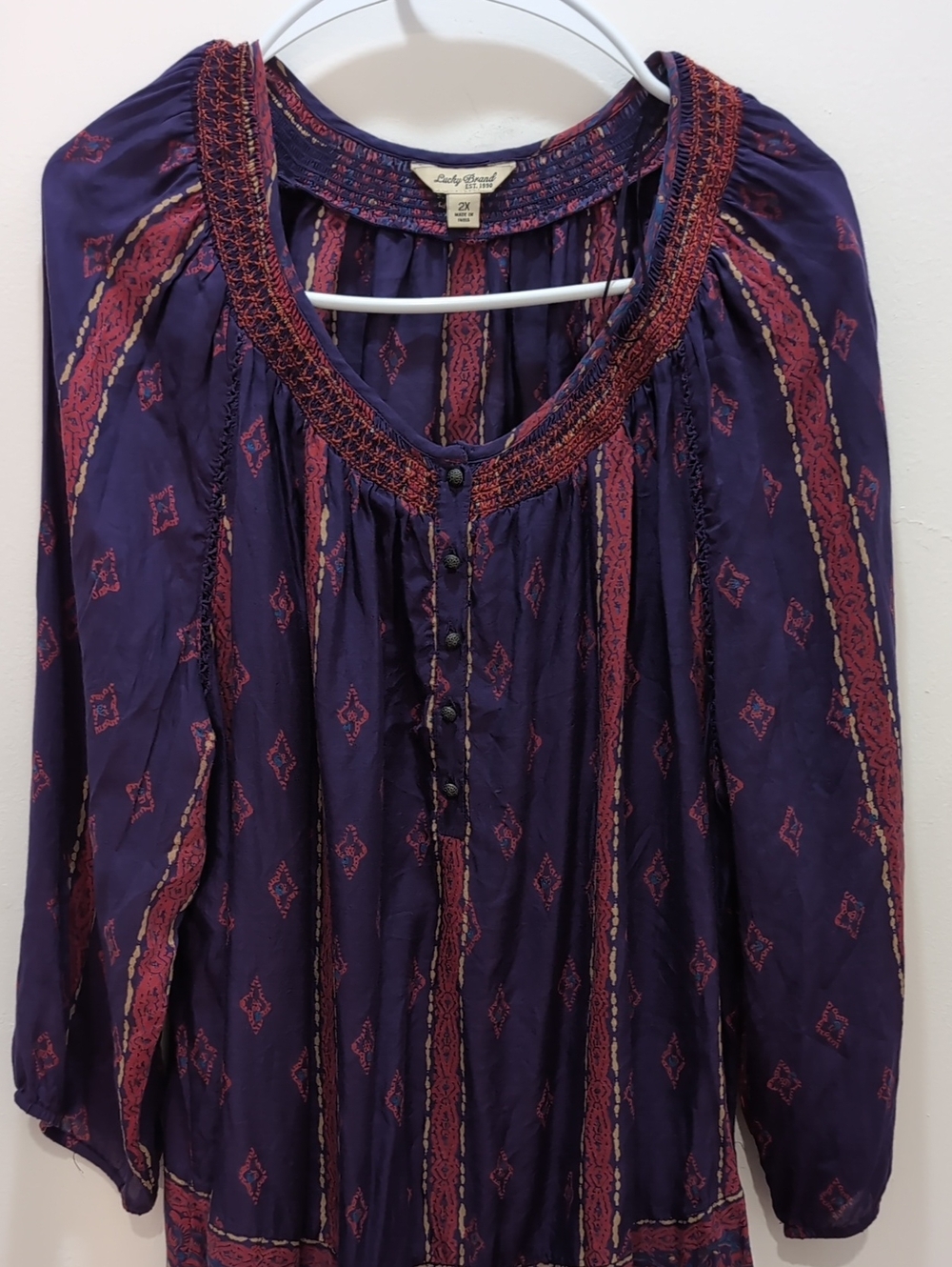 Lucky Brand Purple Long-Sleeve BOHO Peasant Blouse Purple With Red Accents 2XL
